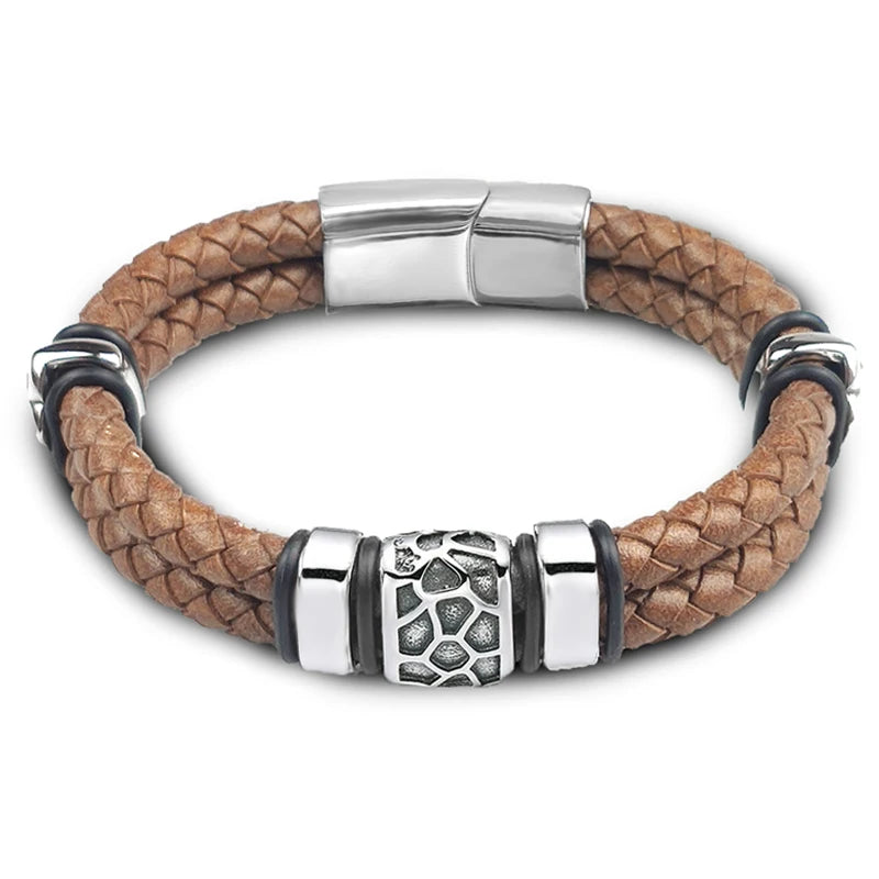 FZ Men's Stainless Steel Irregularly Cracked Genuine Braided Leather Bracelet