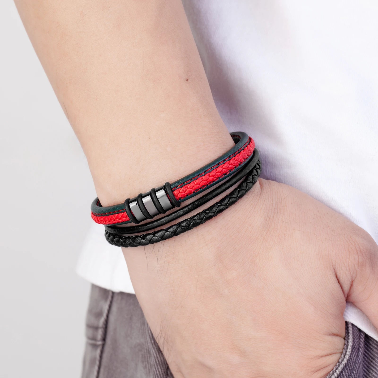 FZ New Interlocking Couple Stainless Steel Leather Rope Bracelet - FZwear