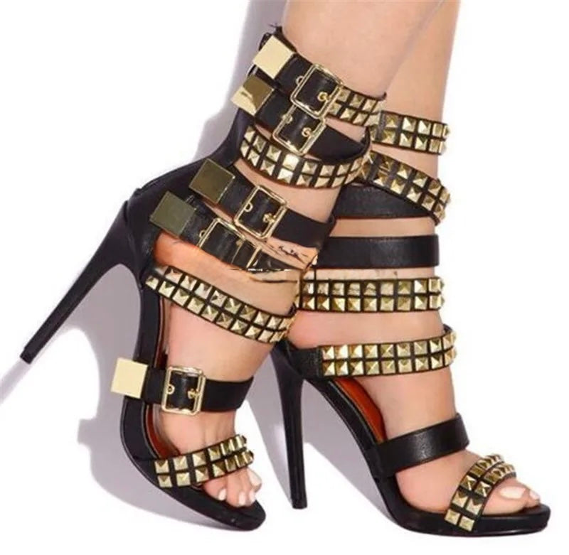 FZ Women's Metal Rivets Buckles Gladiator Stiletto Heel Sandals Shoes
