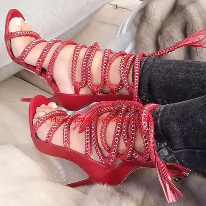 FZ Women's Thick Sole High heel Lace Up Chains Ankle straps Shoes - FZwear