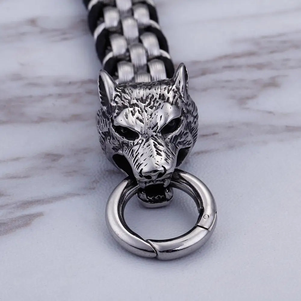 FZ Double Wolf Charm Stainless Steel Cowhide Leather Bracelet - FZwear