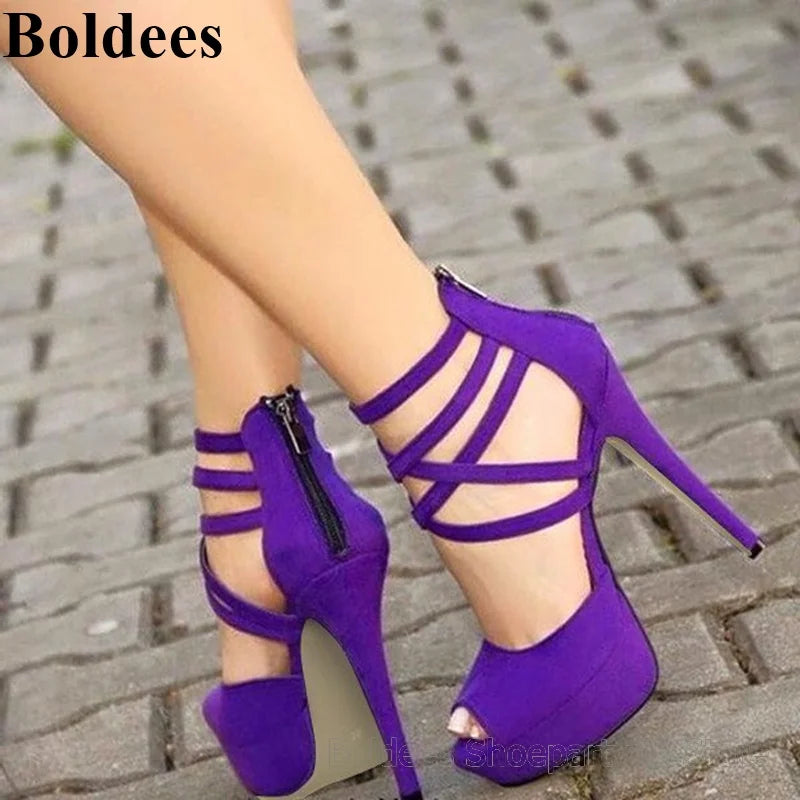 FZ Women's Suede Leather Purple Cross Straps Platform Peep Toe High Heel Shoes - FZwear