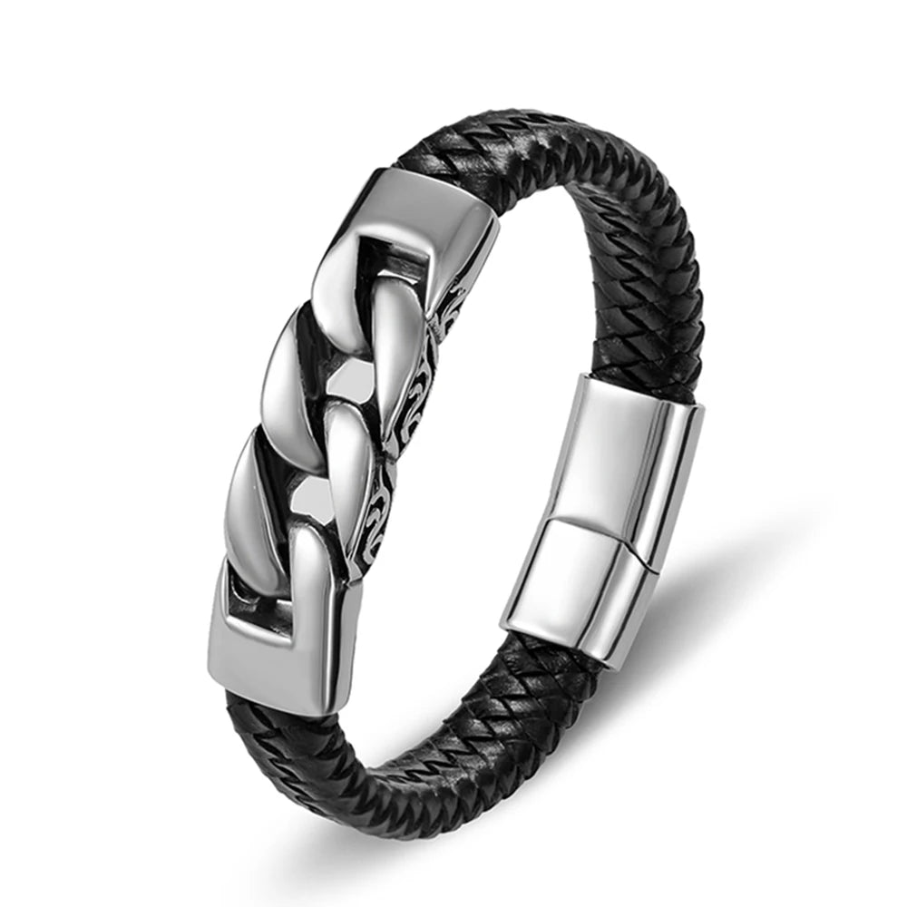 FZ Men's Leather Black Stainless Steel Magnetic Bracelet