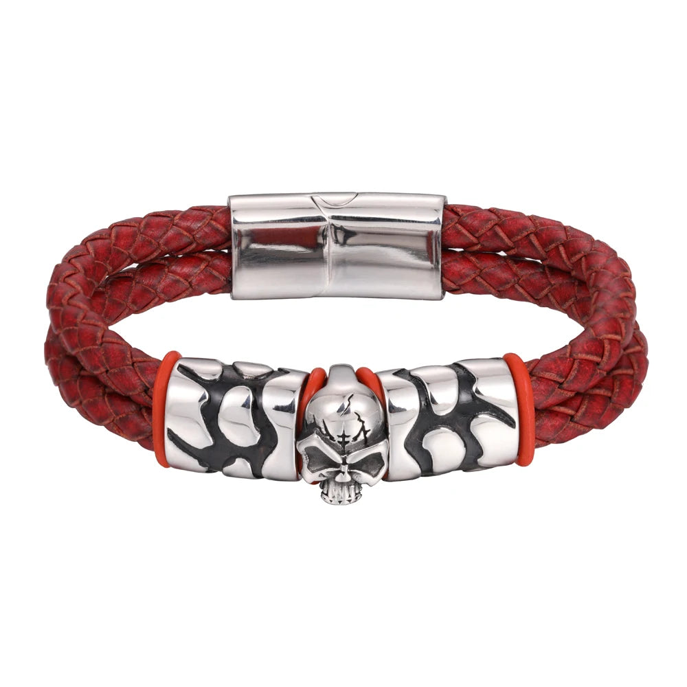 FZ Skull Double Woven Stainless Steel Magnetic Clasp Genuine Leather Bracelet
