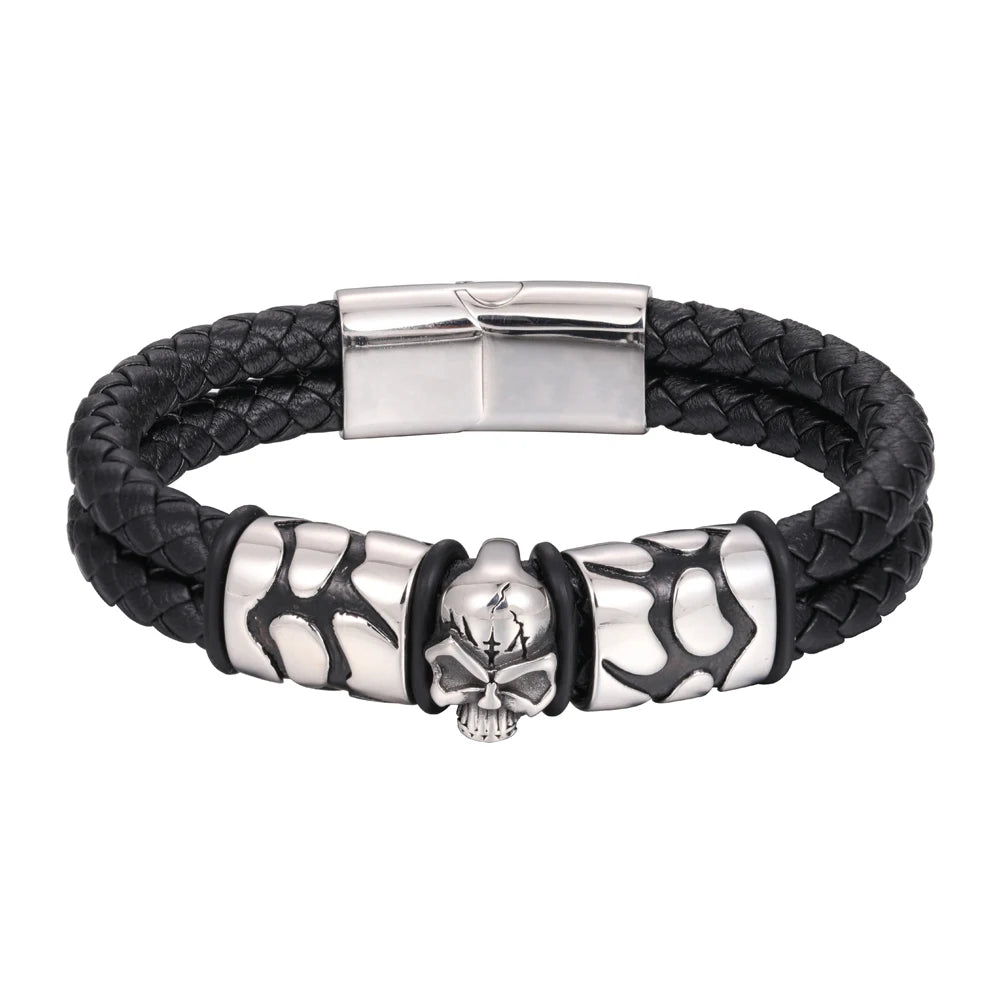 FZ Skull Double Woven Stainless Steel Magnetic Clasp Genuine Leather Bracelet
