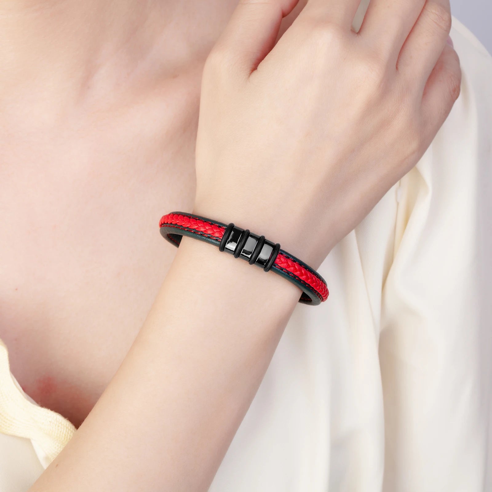 FZ New Interlocking Couple Stainless Steel Leather Rope Bracelet - FZwear