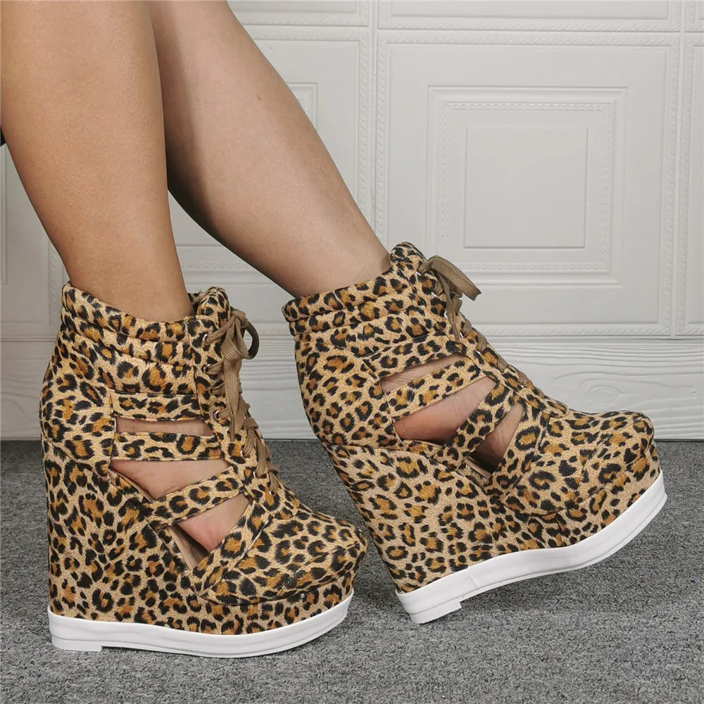 FZ Women's Cut-out Leopard Short Wedge Heel Platform High Top Sneaker Shoes