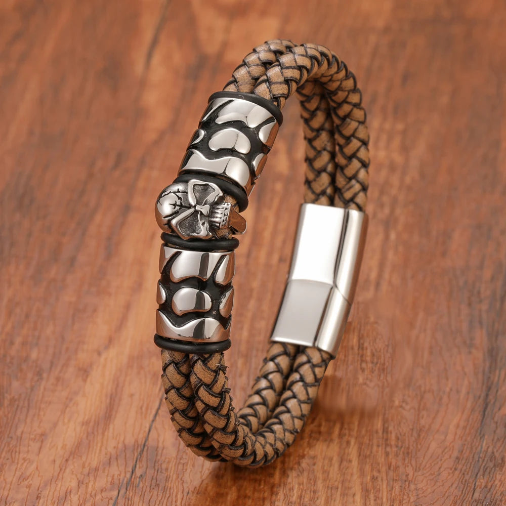 FZ Skull Double Woven Stainless Steel Magnetic Clasp Genuine Leather Bracelet