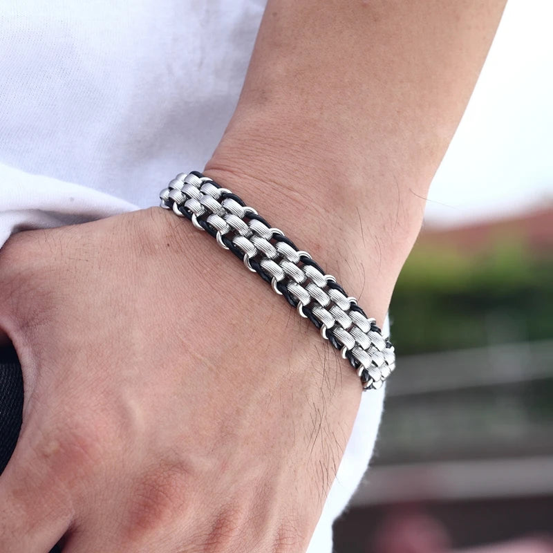 FZ Stainless Steel Chain Leather Punk Biker Bracelet - FZwear