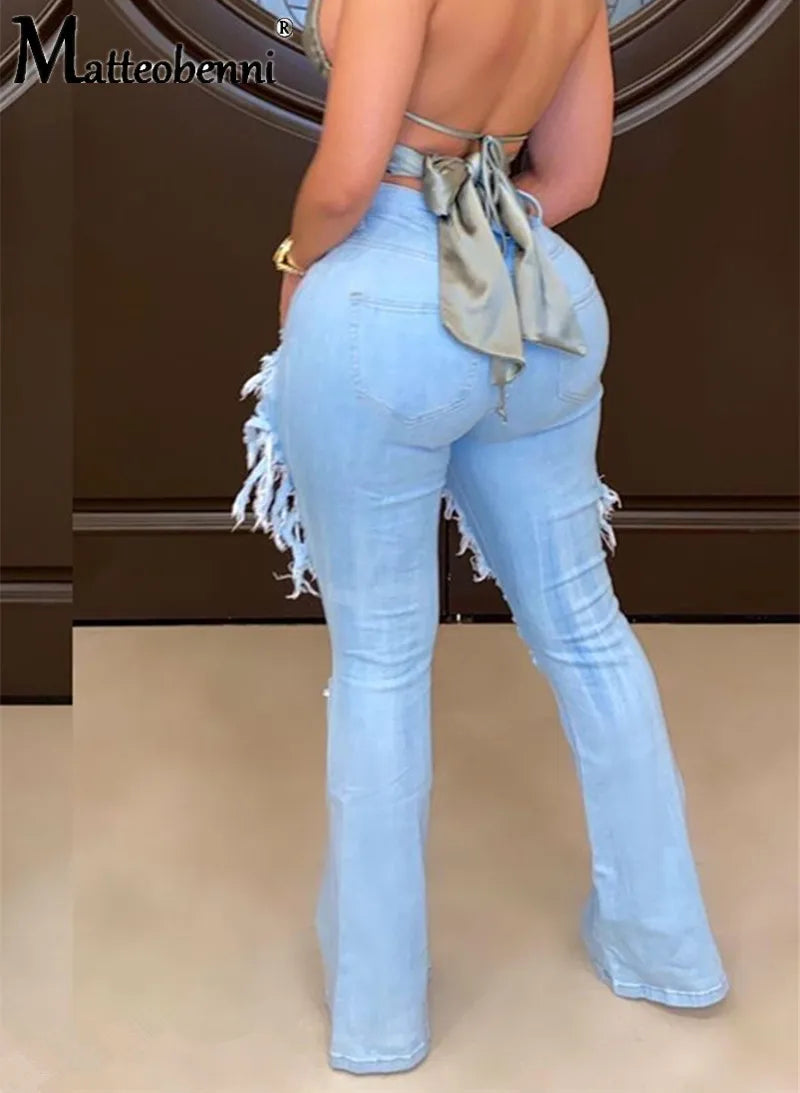 FZ Women's Retro Ripped Flare Skinny Bell Bottom High Waist Denim Pants DSers