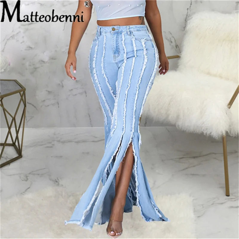 FZ Women's Flare High Waist Fringe Hole Skinny Wide Leg Bell Bottoms Denim Pants - FZwear