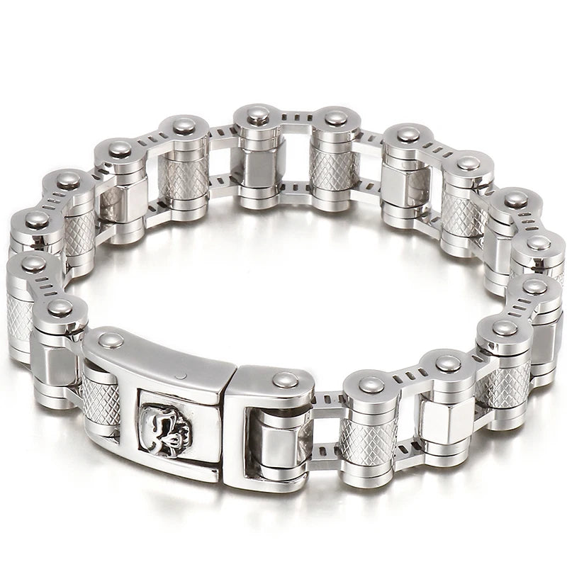 FZ Men's Skull 16MM Wide Stainless Bicycle Link Bracelet
