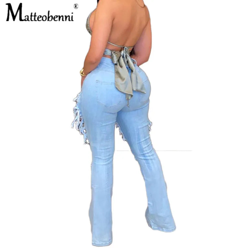 FZ Women's Retro Ripped Flare Skinny Bell Bottom High Waist Denim Pants DSers