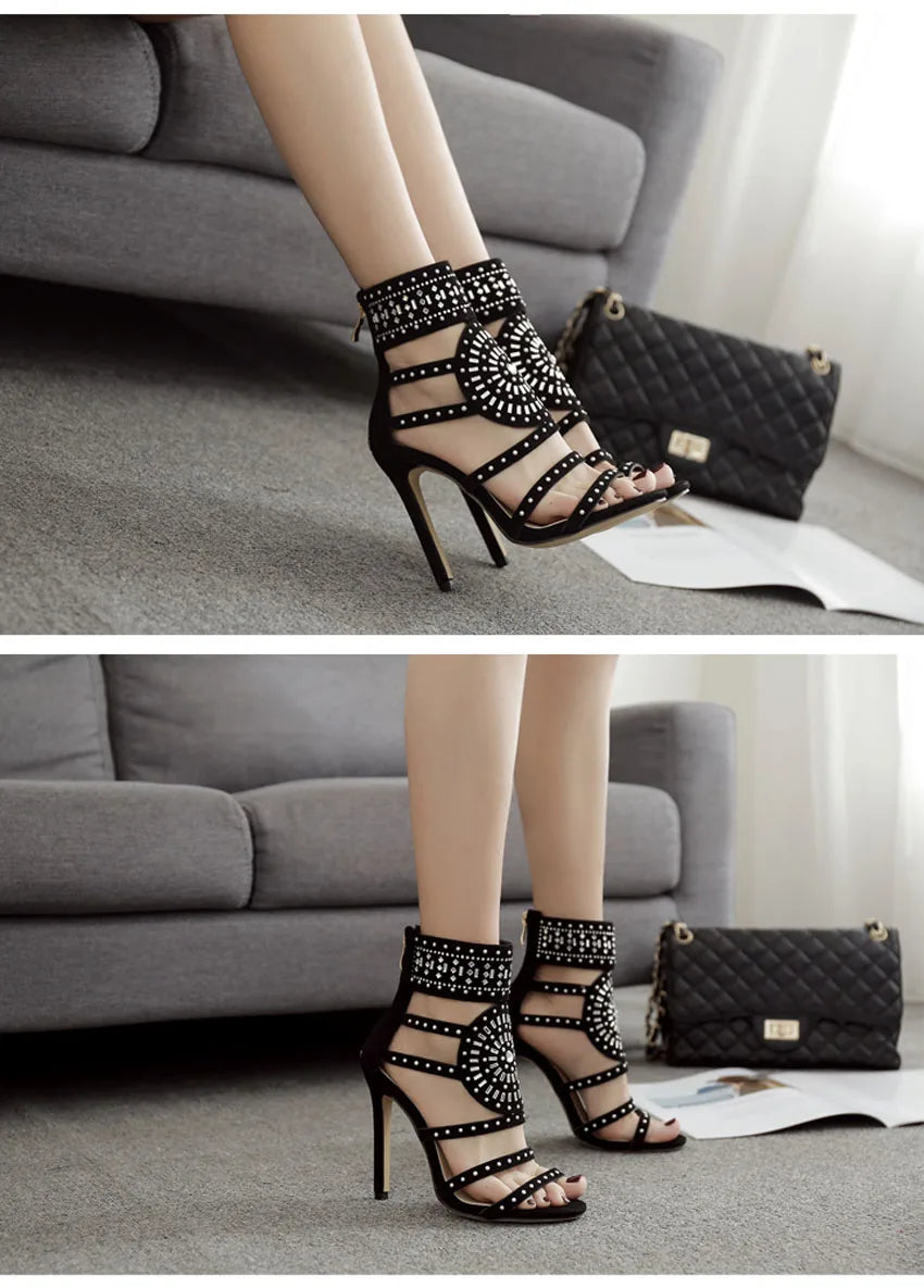 2019Hot Ethnic Open Toe Rhinestone Design High Heel Sandals Crystal Ankle Wrap Diamond Gladiator Women Sandals Black Size 35-42 FZwear