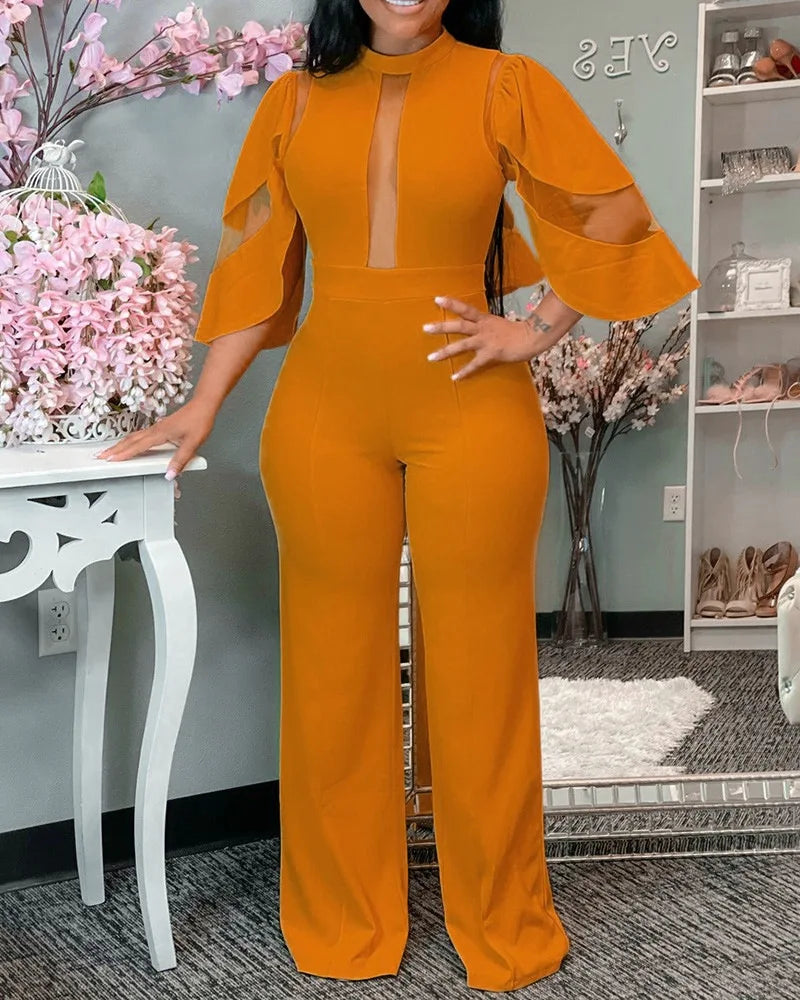 FZ Women's Sheer Mesh Patchwork Wide Leg Elegant Jumpsuit - FZwear