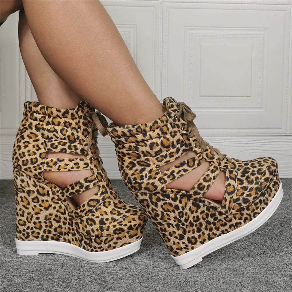 FZ Women's Cut-out Leopard Short Wedge Heel Platform High Top Sneaker Shoes