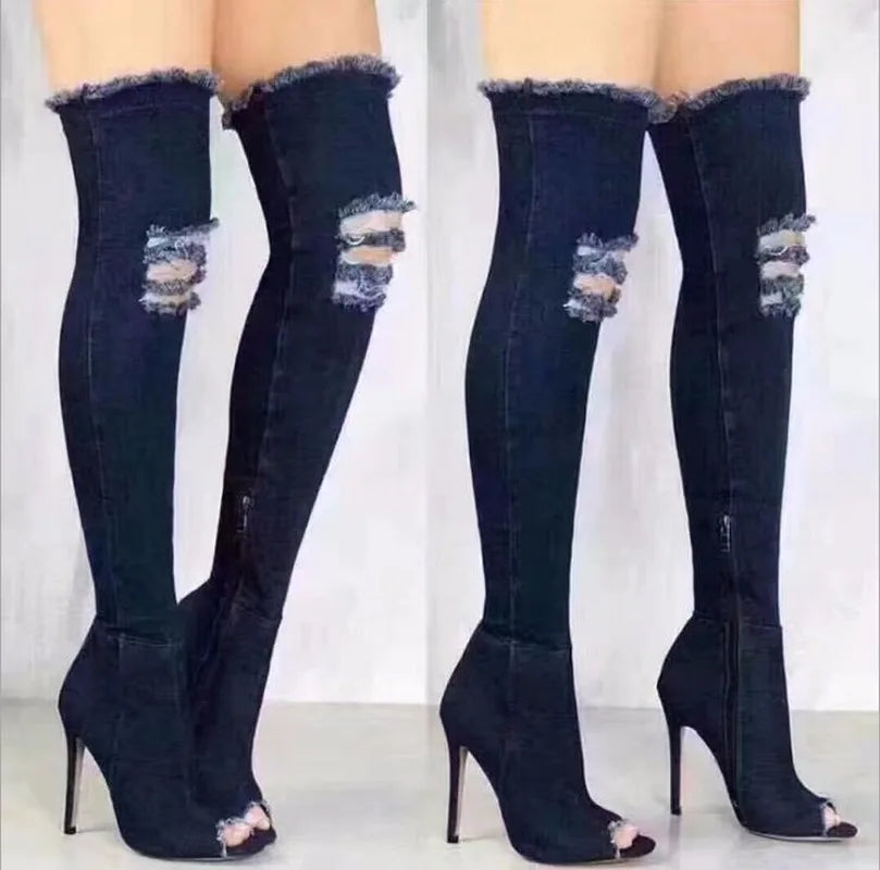 FZ Women's Thigh High High Heels Tassel Denim Boots - FZwear