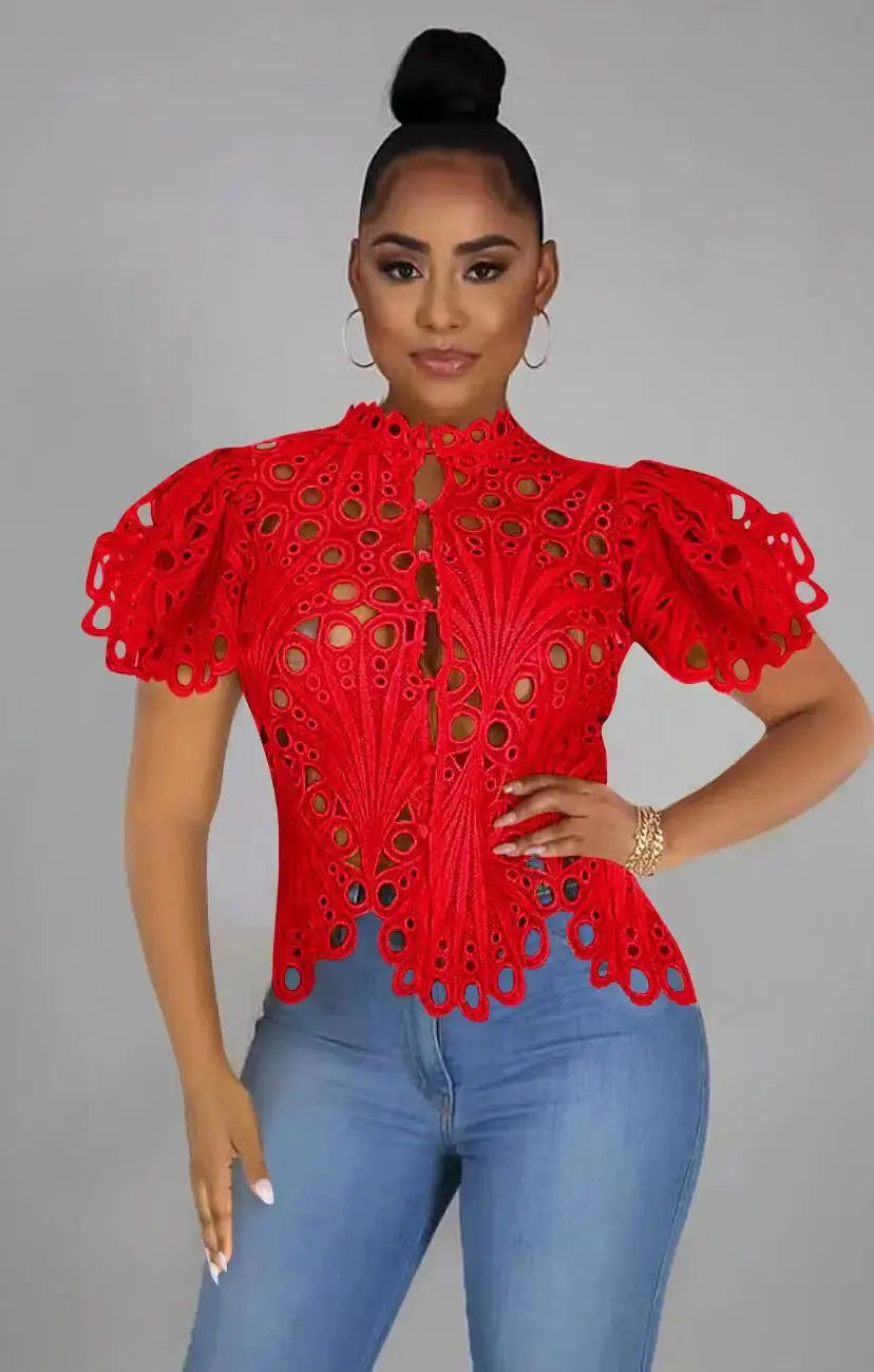 High Quality Women Summer Short Sleeve Hollow Cut Top Slim FZwear