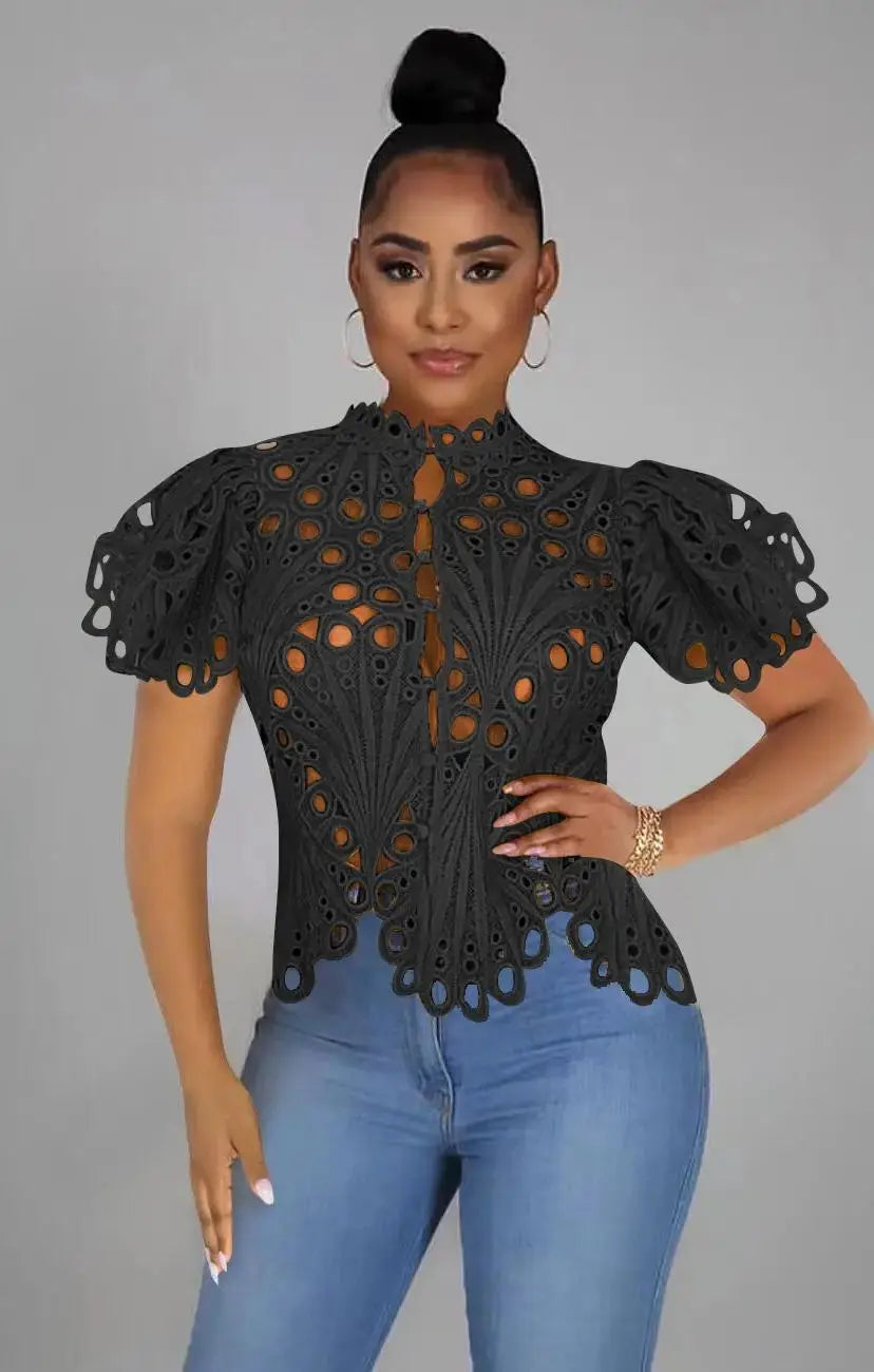 High Quality Women Summer Short Sleeve Hollow Cut Top Slim FZwear