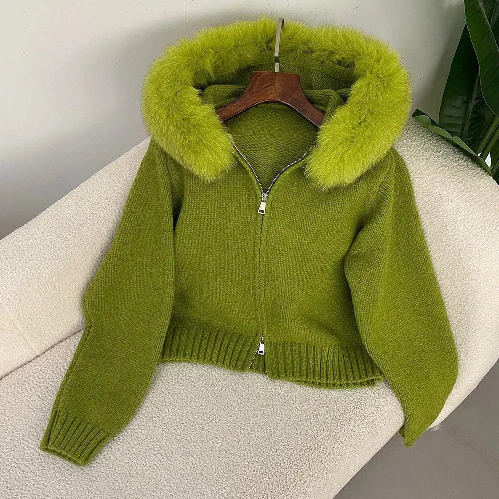 Hooded Real Fox Fur Collar Cardigan Natural Fur Coat for Women Casual Fashion Short Knitted Jacket 2024 Fashion Autumn Winter FZwear