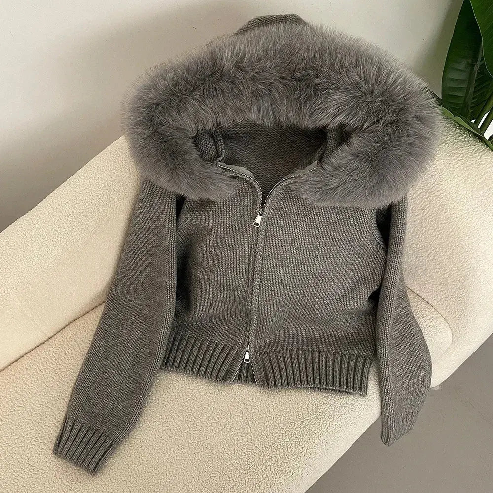 Hooded Real Fox Fur Collar Cardigan Natural Fur Coat for Women Casual Fashion Short Knitted Jacket 2024 Fashion Autumn Winter FZwear