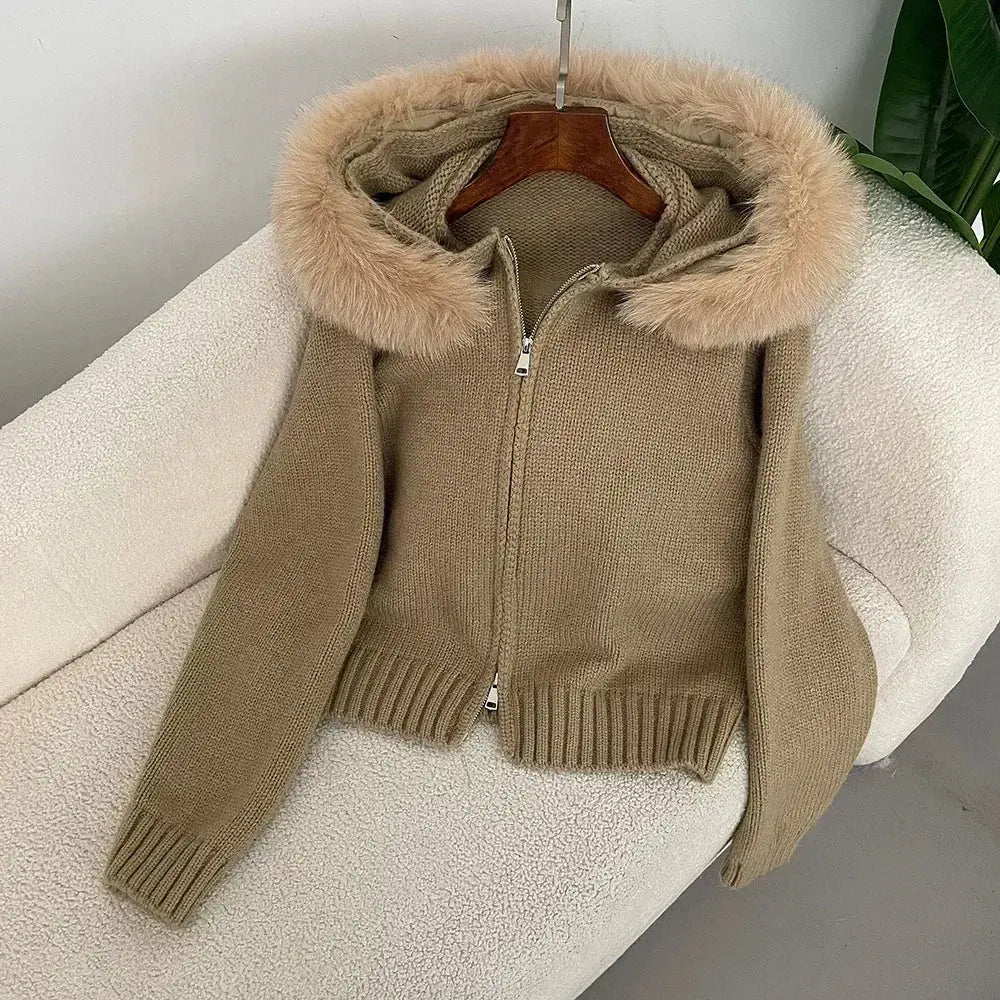 Hooded Real Fox Fur Collar Cardigan Natural Fur Coat for Women Casual Fashion Short Knitted Jacket 2024 Fashion Autumn Winter FZwear