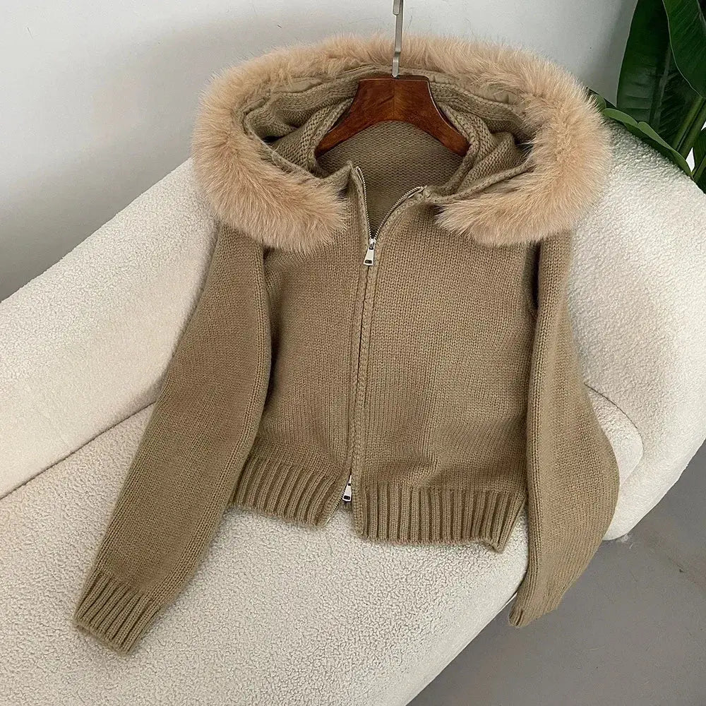 Hooded Real Fox Fur Collar Cardigan Natural Fur Coat for Women Casual Fashion Short Knitted Jacket 2024 Fashion Autumn Winter FZwear