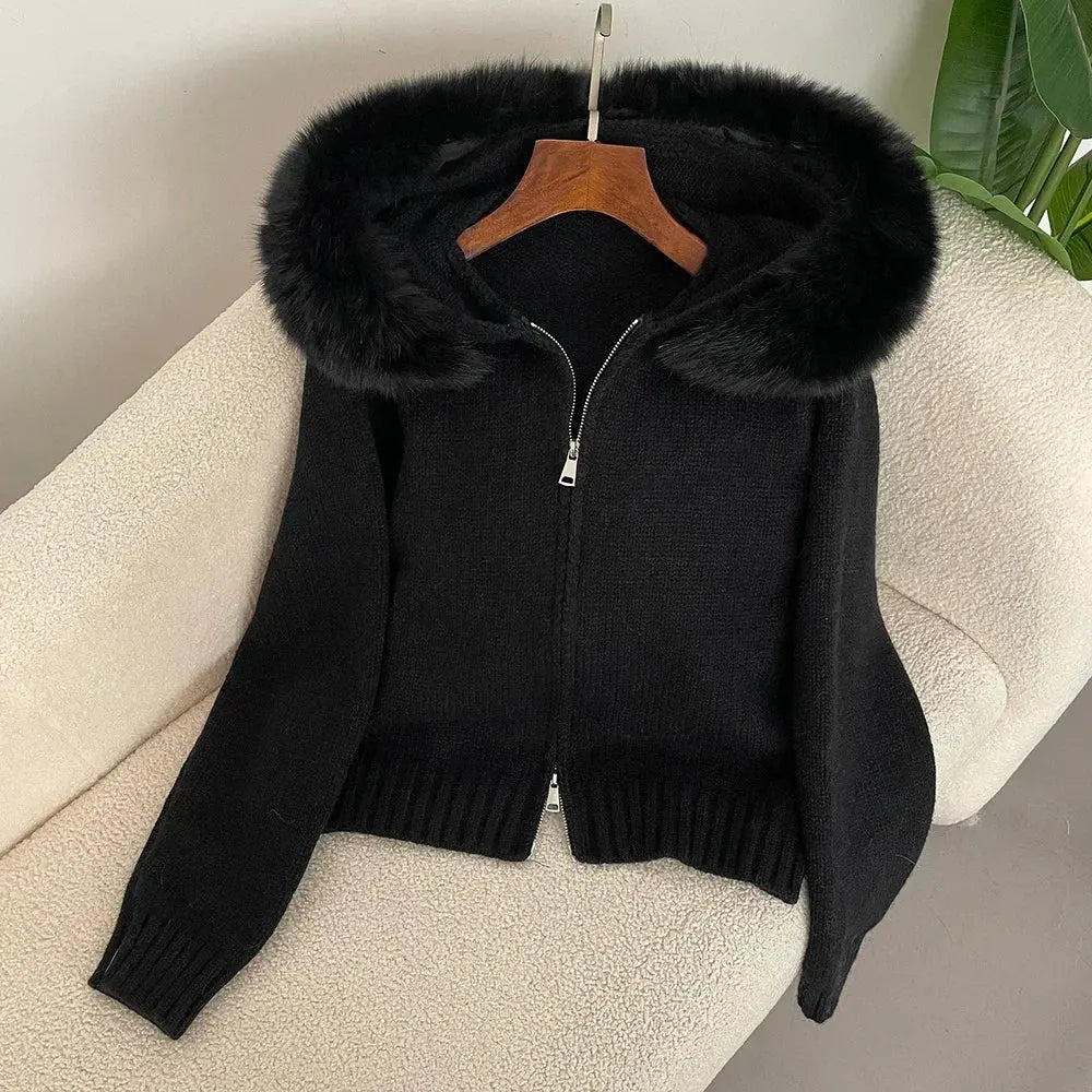 Hooded Real Fox Fur Collar Cardigan Natural Fur Coat for Women Casual Fashion Short Knitted Jacket 2024 Fashion Autumn Winter FZwear
