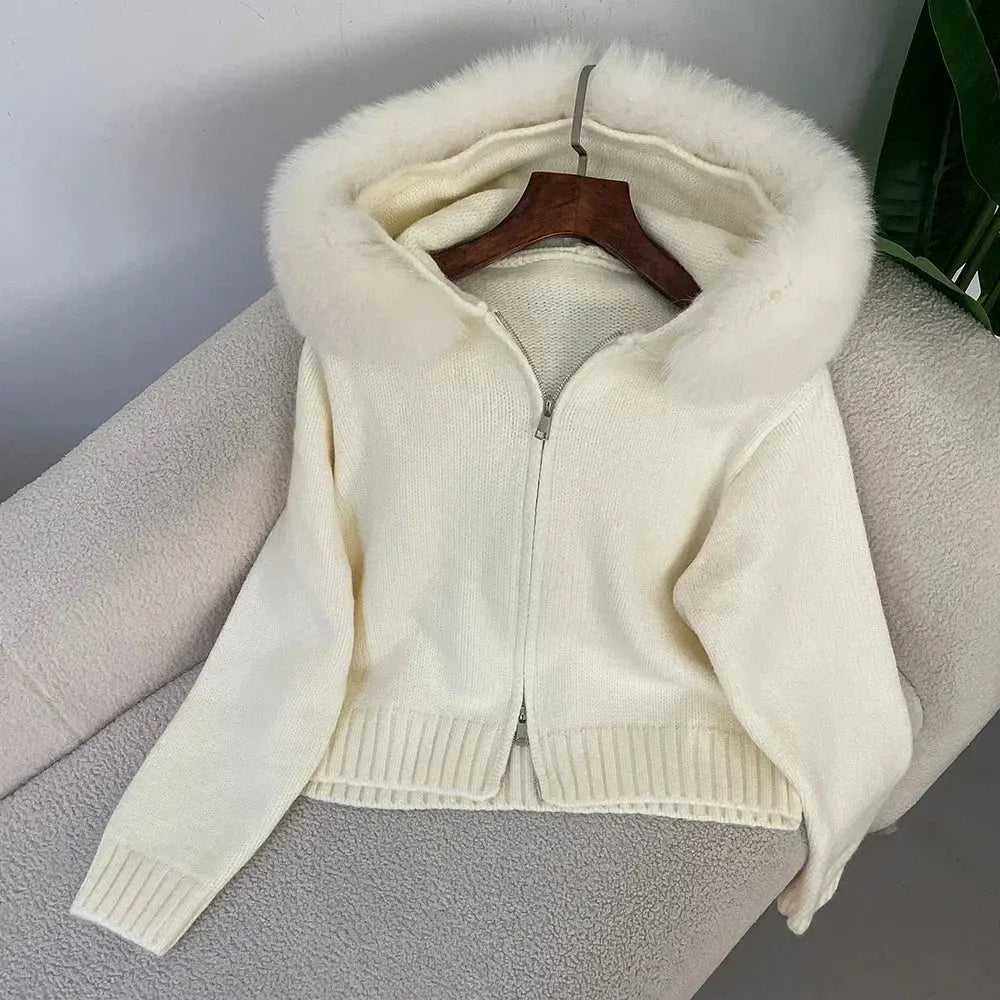 Hooded Real Fox Fur Collar Cardigan Natural Fur Coat for Women Casual Fashion Short Knitted Jacket 2024 Fashion Autumn Winter FZwear