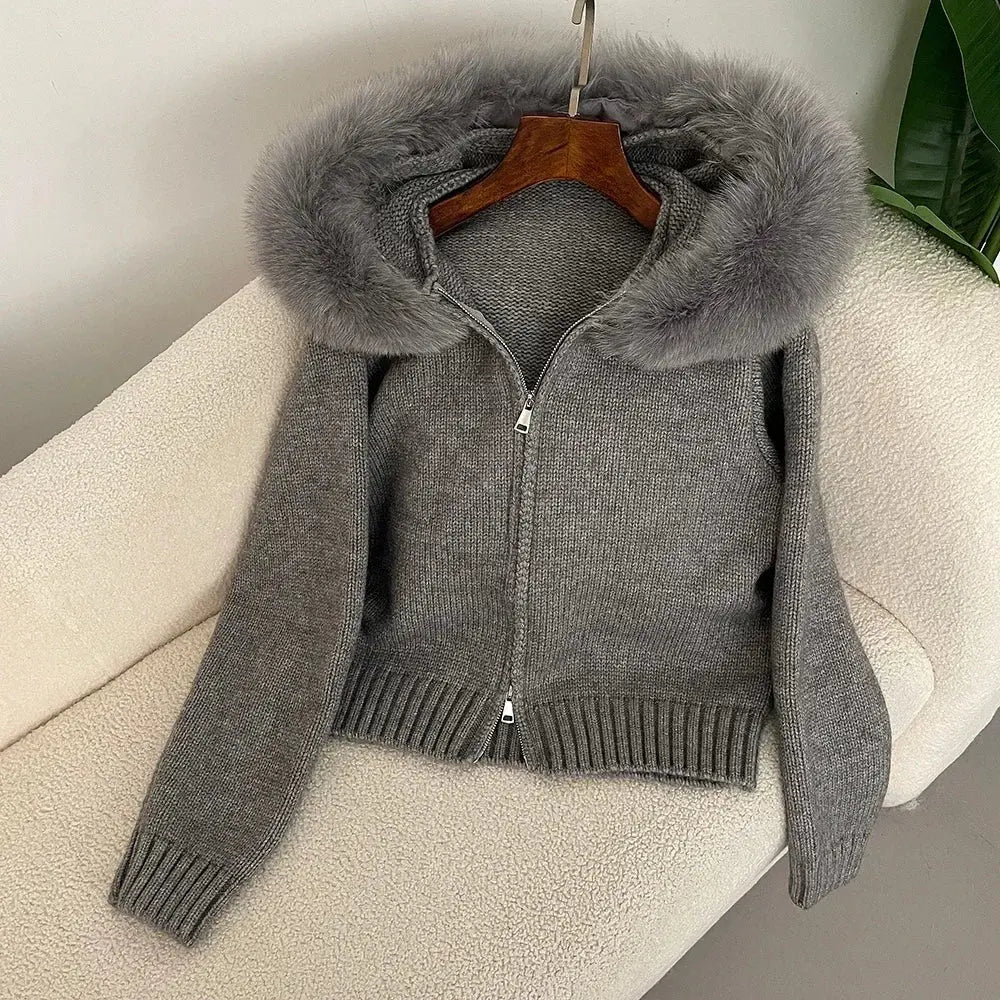 Hooded Real Fox Fur Collar Cardigan Natural Fur Coat for Women Casual Fashion Short Knitted Jacket 2024 Fashion Autumn Winter FZwear