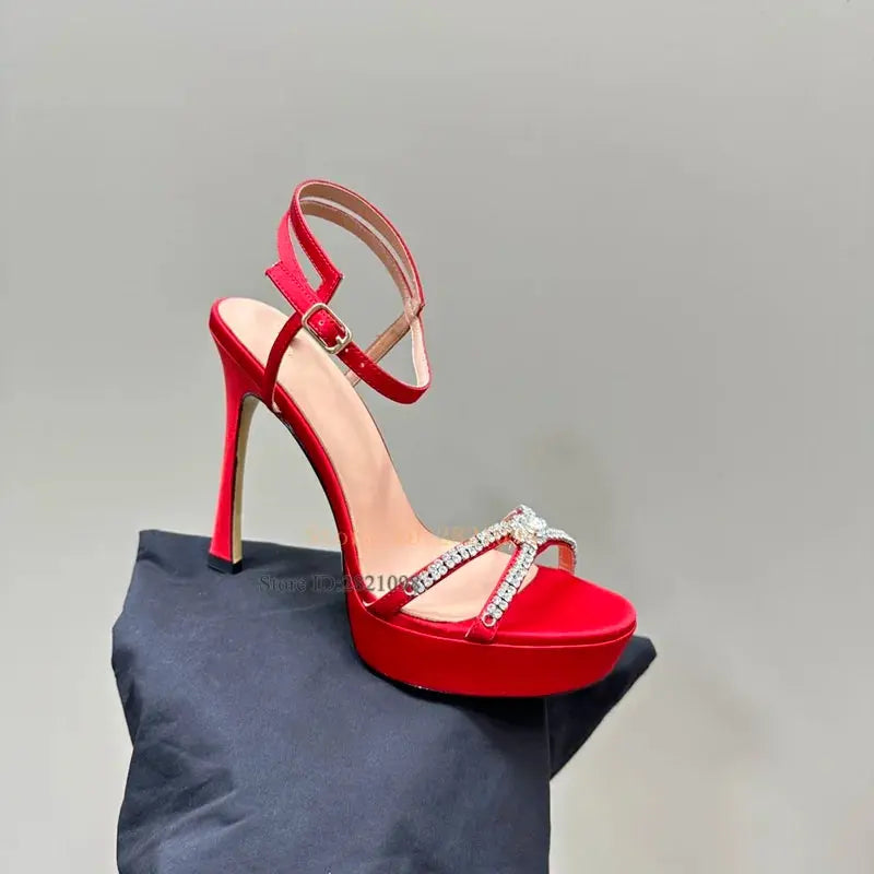 Hot Red Satin Leather Cross Straps Big Rhinestone Thin High Heel Platform Sandals Women Waterproof Summer Fashion Party Shoes FZwear