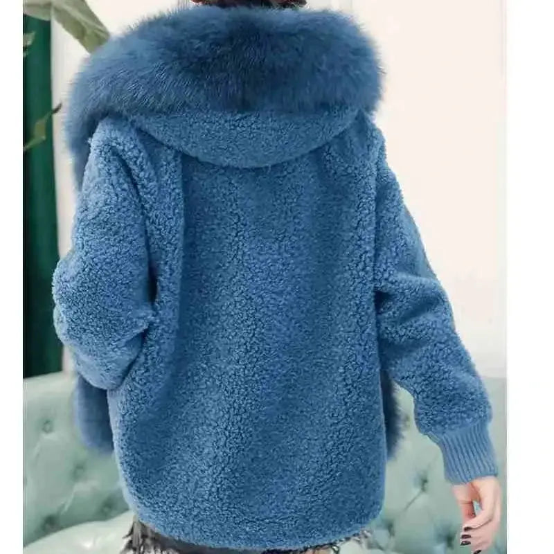 Hot Sales Autumn And Winter New Sheep Shearing Coat For Women Short Alpaca Fur Coat Fox Fur Hooded One Piece Long Sleeve FZwear