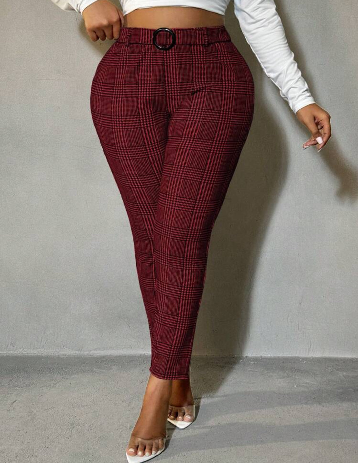 FZ Women's Plus Size Plaid Print Slim Fit Suit Pants