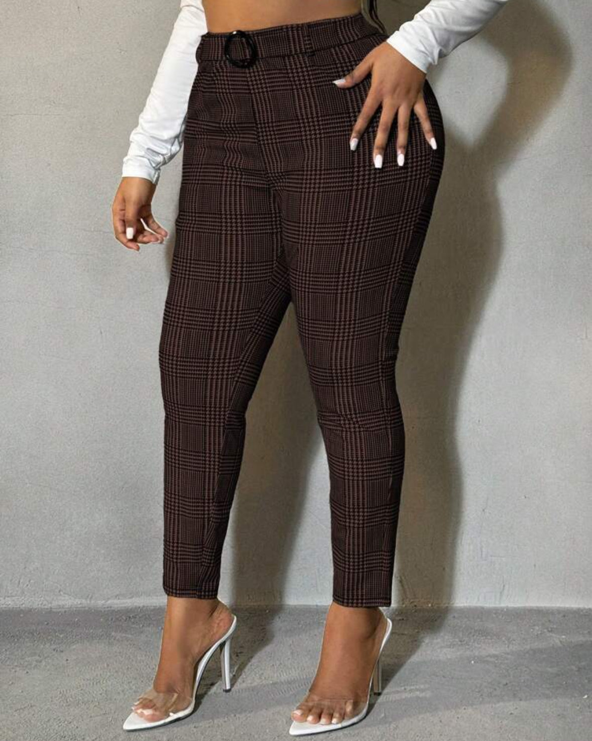 FZ Women's Plus Size Plaid Print Slim Fit Suit Pants