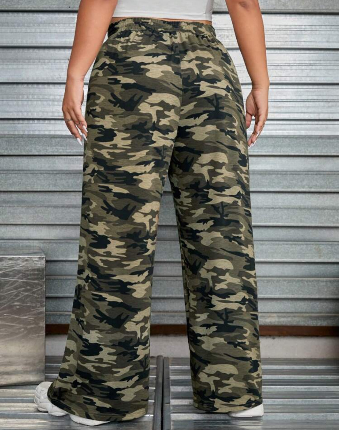 FZ Women's Plus Size Camo Print Drawstring Waist Wide Leg Pants