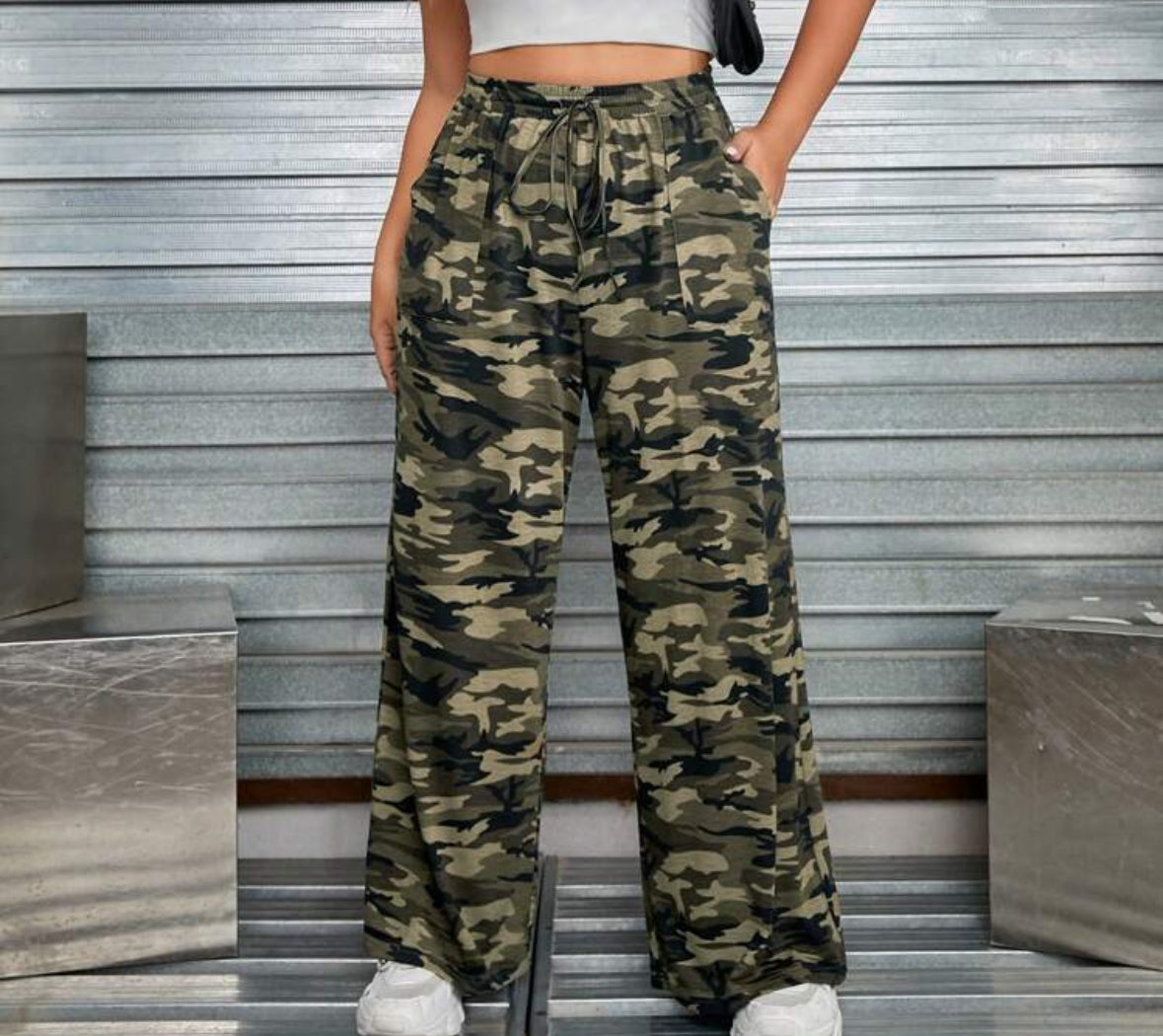 FZ Women's Plus Size Camo Print Drawstring Waist Wide Leg Pants