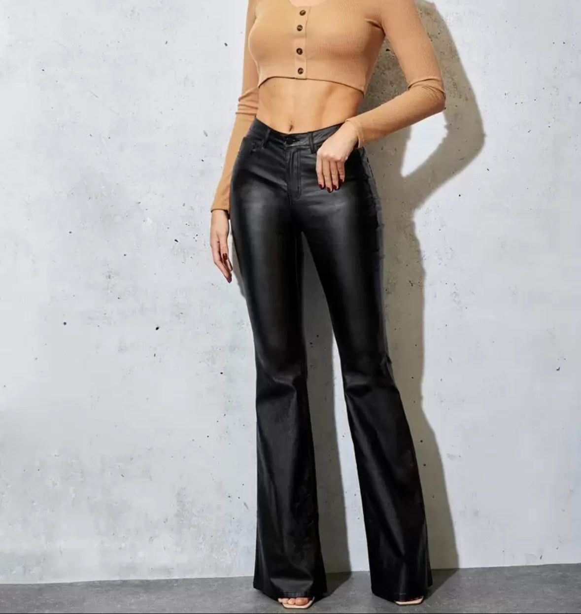 FZ Women's Fashionable Casual Solid Color Slim Fit PU Flared Pants