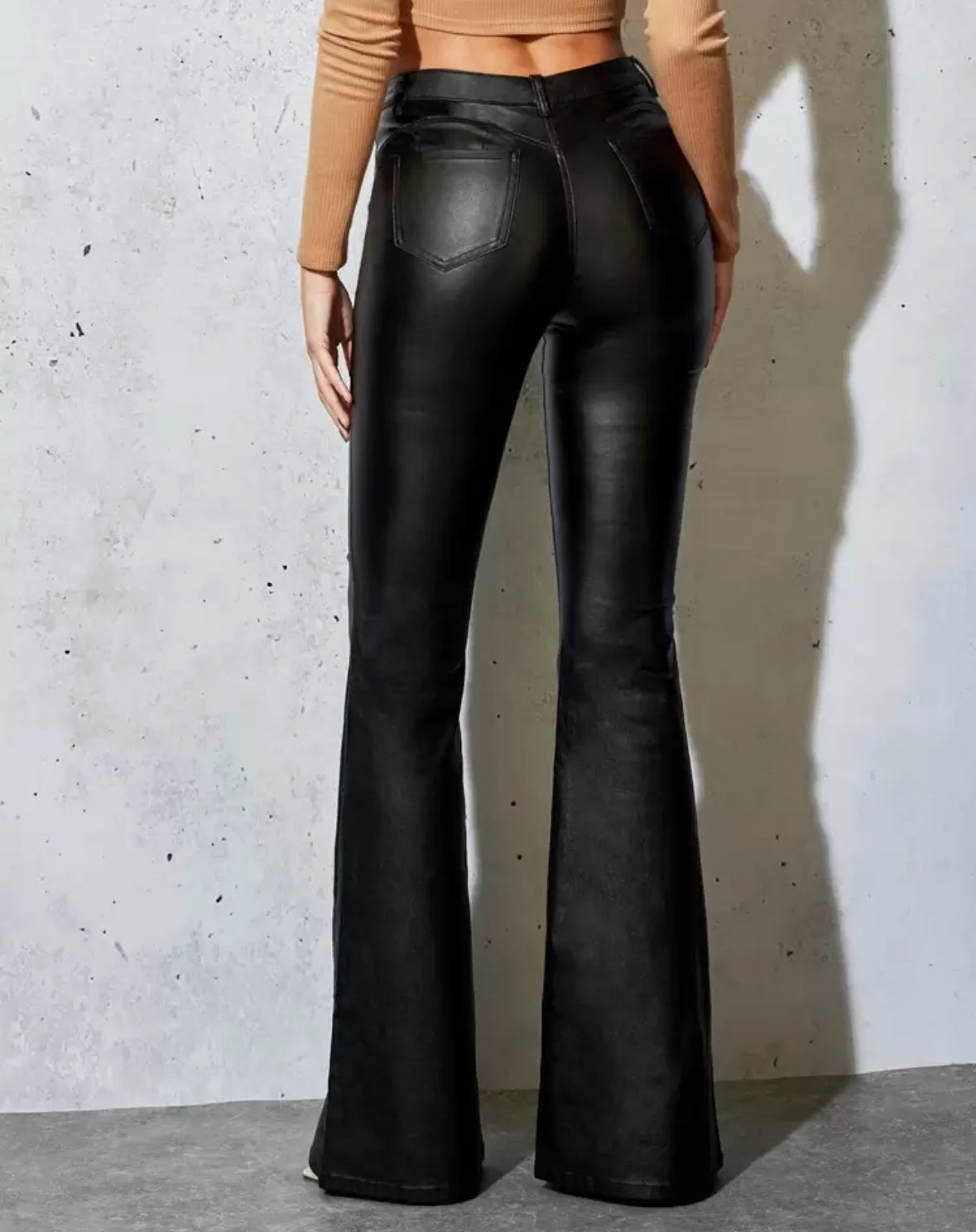 FZ Women's Fashionable Casual Solid Color Slim Fit PU Flared Pants