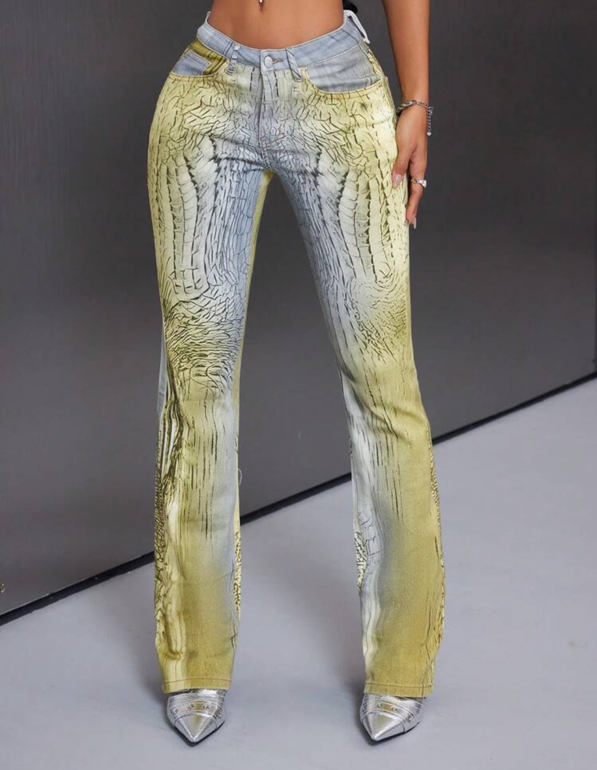 FZ Women's Plus Size Laser Flower Print Extra Long Denim Pants