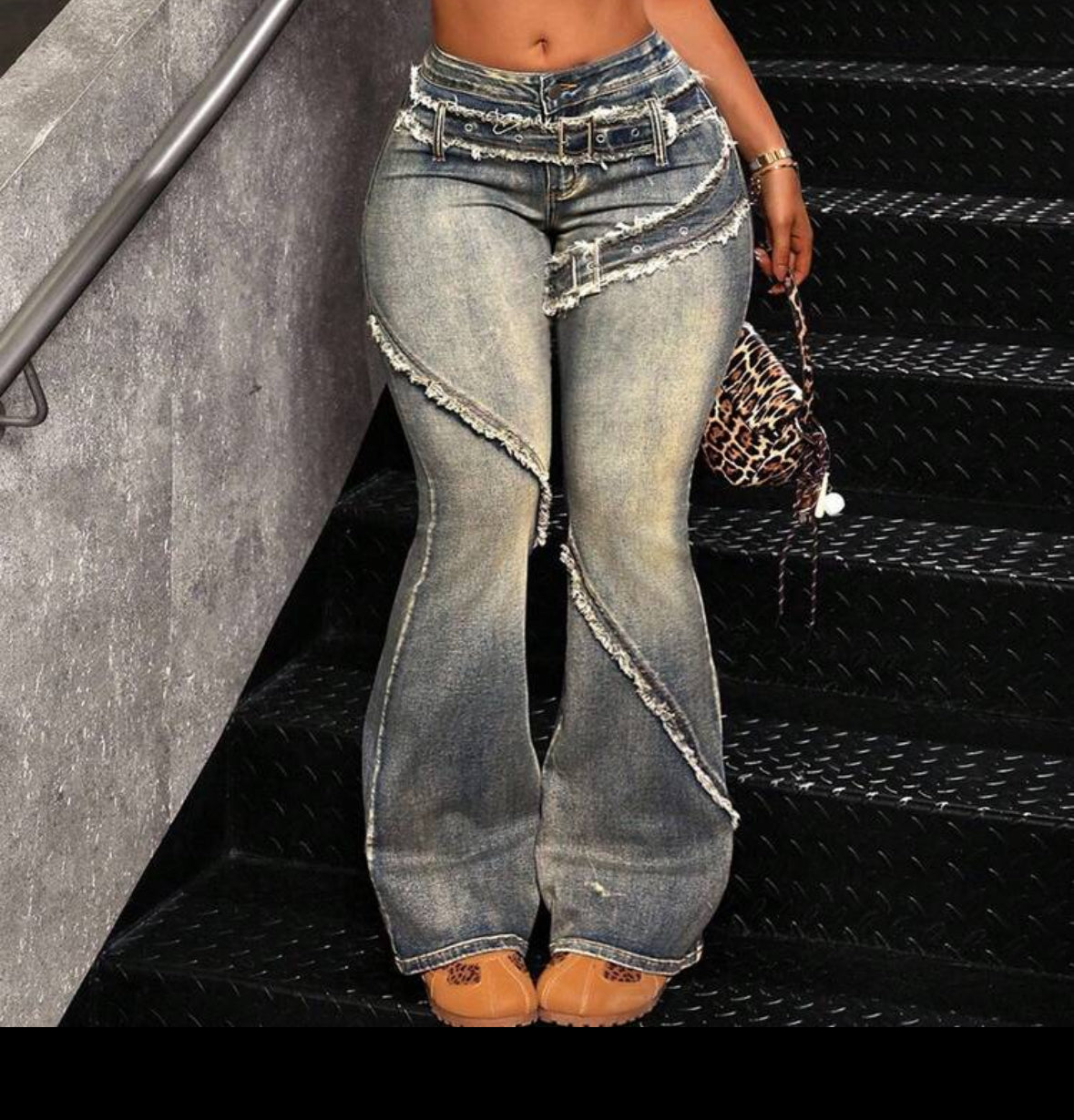 FZ Women's Plus Size Adjustable Buckle Design Frayed Hem Flare Denim pants