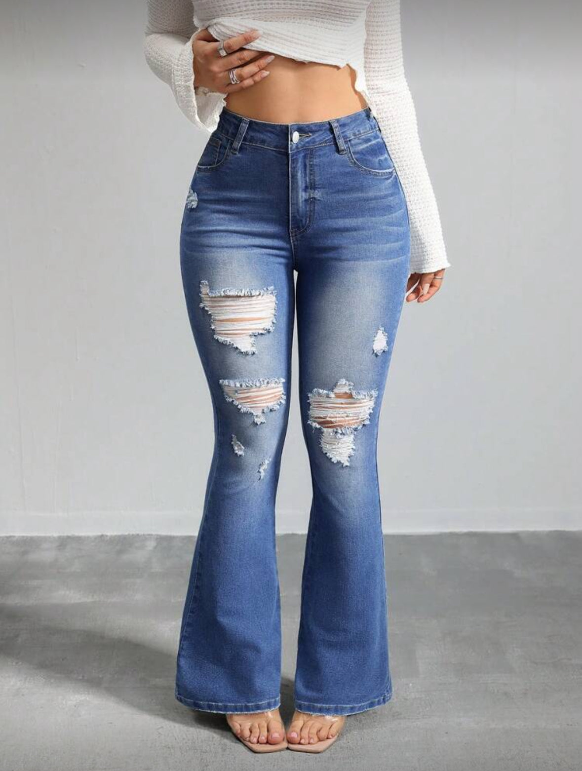 FZ Women's Skinny Elastic Ripped Flared High Waist Skinny Denim Pants