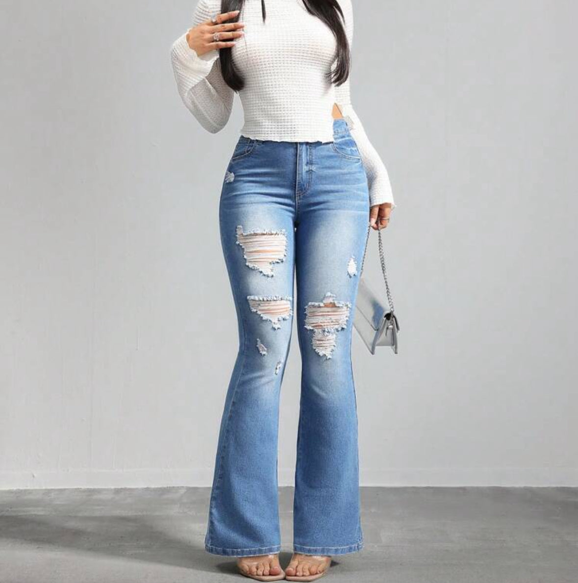 FZ Women's Skinny Elastic Ripped Flared High Waist Skinny Denim Pants