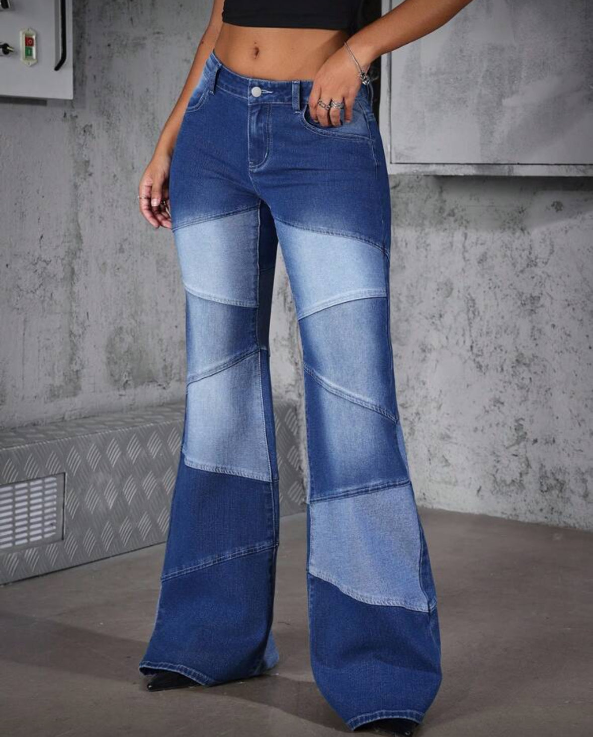 FZ Women's Color Block Low-Rise Fitted Flared Leg Denim Pants