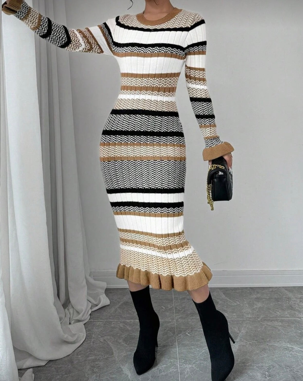 FZ Women's Striped Pattern Round Neck Fitted Long Sleeve Sweater Dress