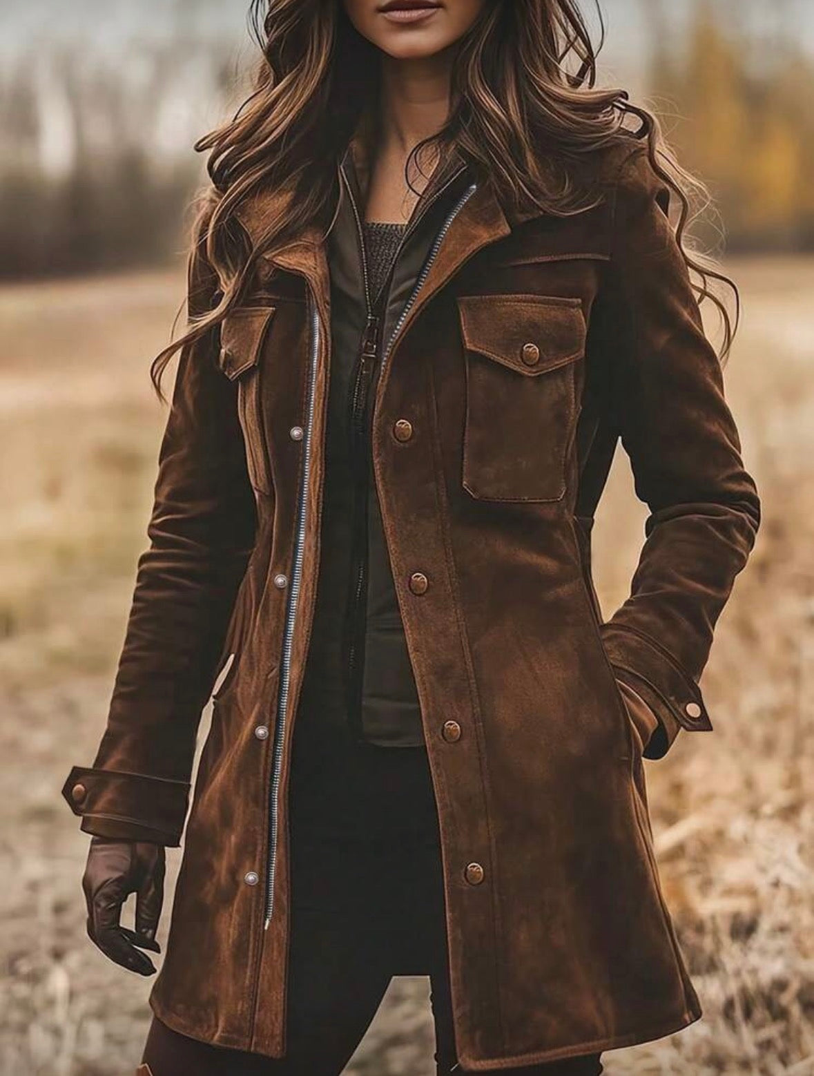 FZ Women's Retro-Style Elegant Suede With A Lapel Collar Mid-Length Jacket