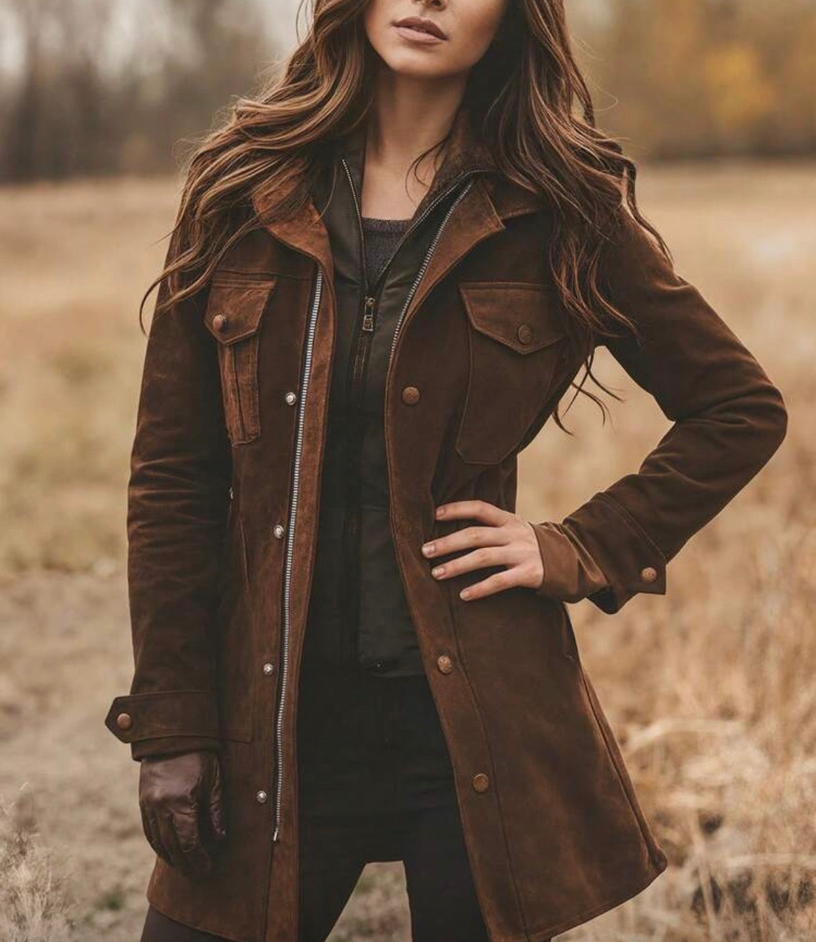 FZ Women's Retro-Style Elegant Suede With A Lapel Collar Mid-Length Jacket