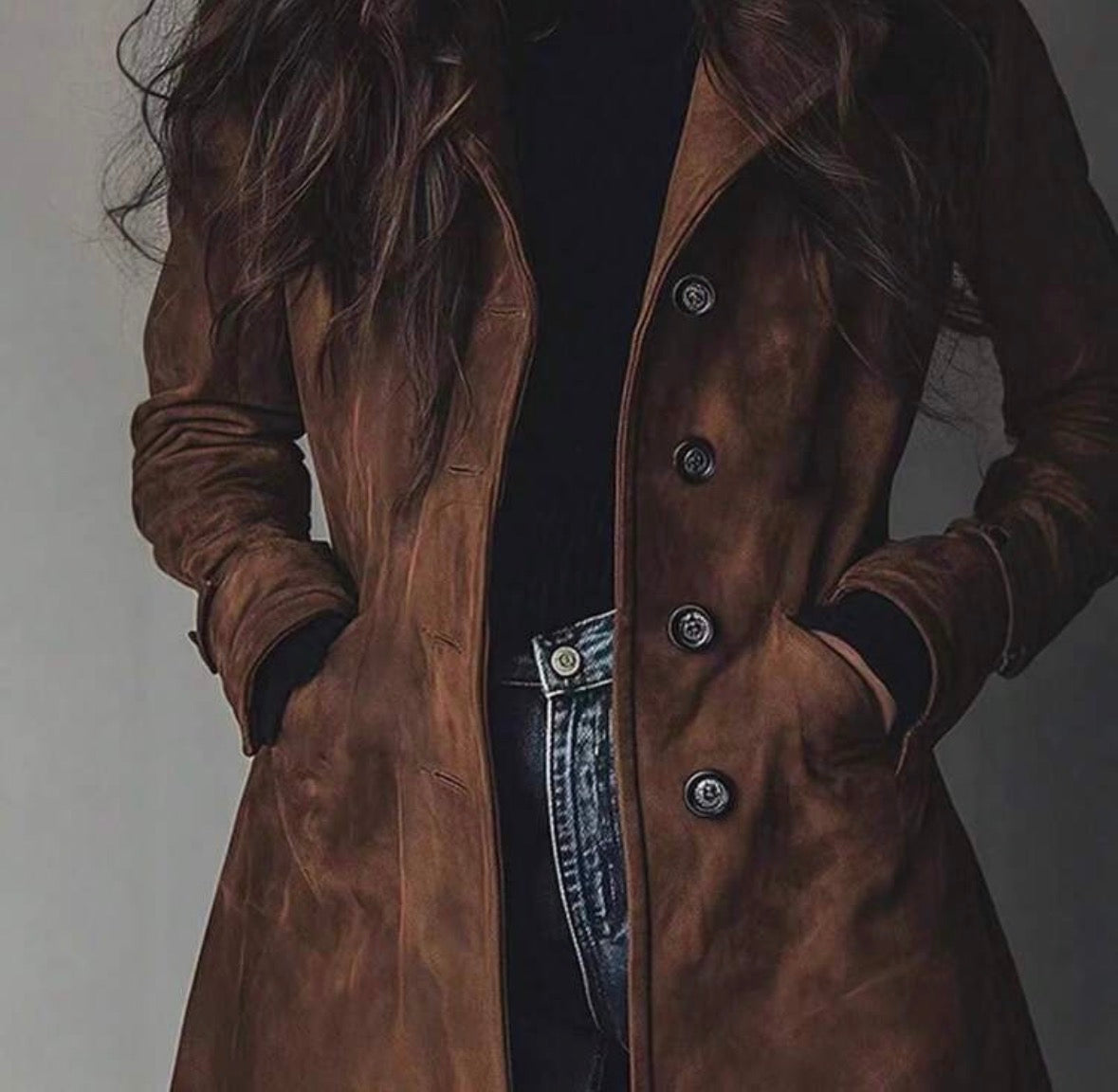 FZ Women's Lapel Imitation Suede Velvet Long Trench Coat Jacket