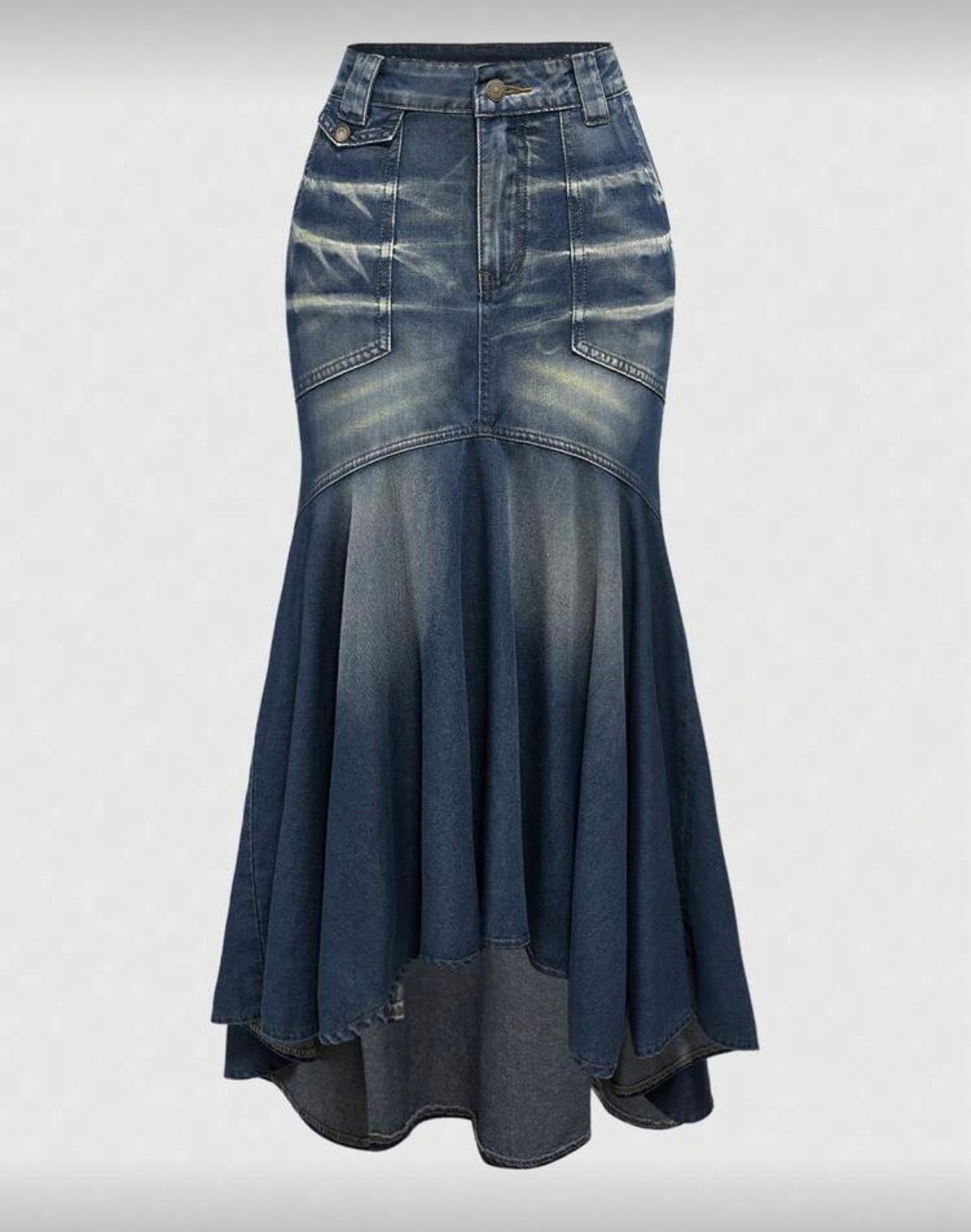 FZ Women's Vintage Y2K Distressed Wash Fish Tail Maxi Denim Skirt