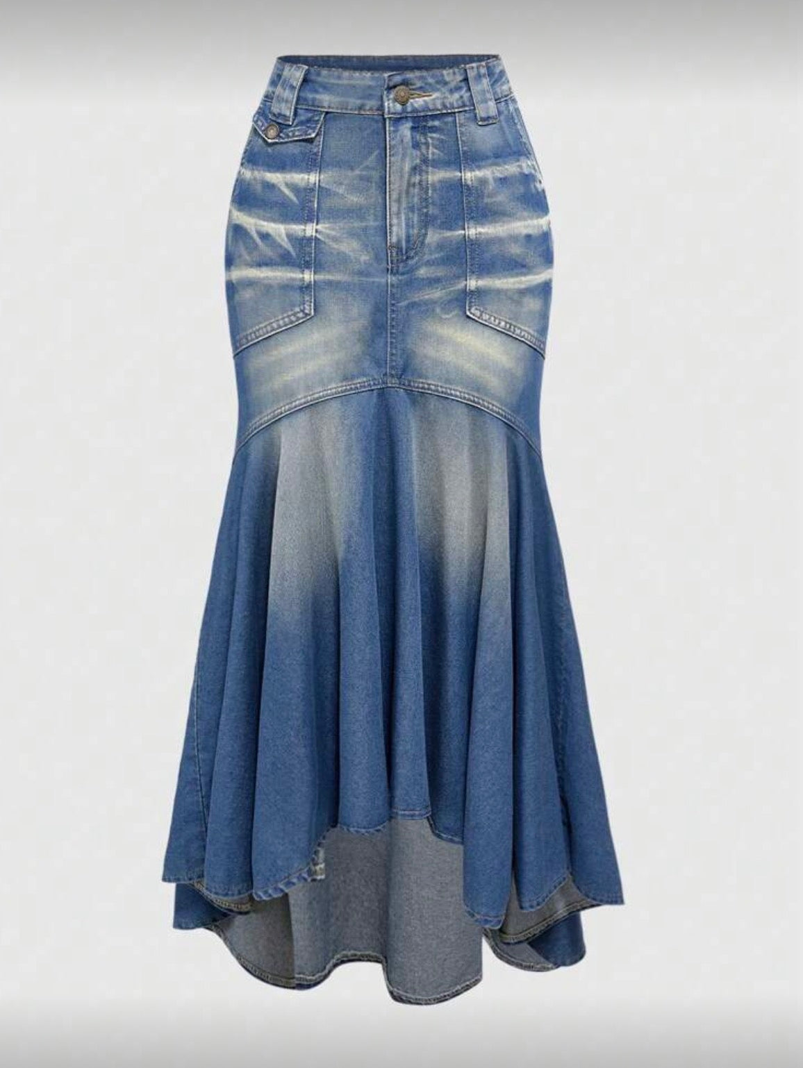 FZ Women's Vintage Y2K Distressed Wash Fish Tail Maxi Denim Skirt
