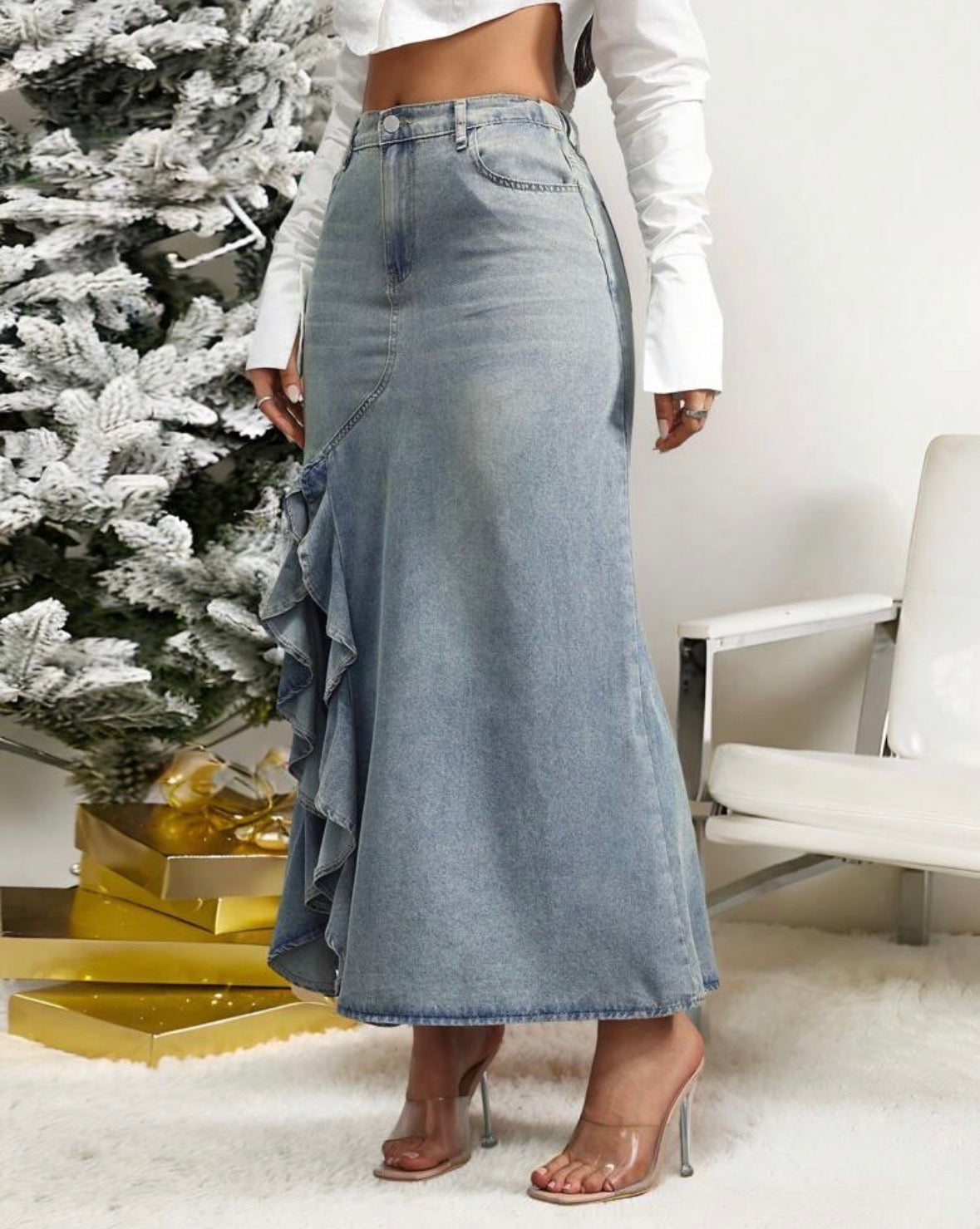 FZ Women's Ruffle Split Thigh Denim Skirt